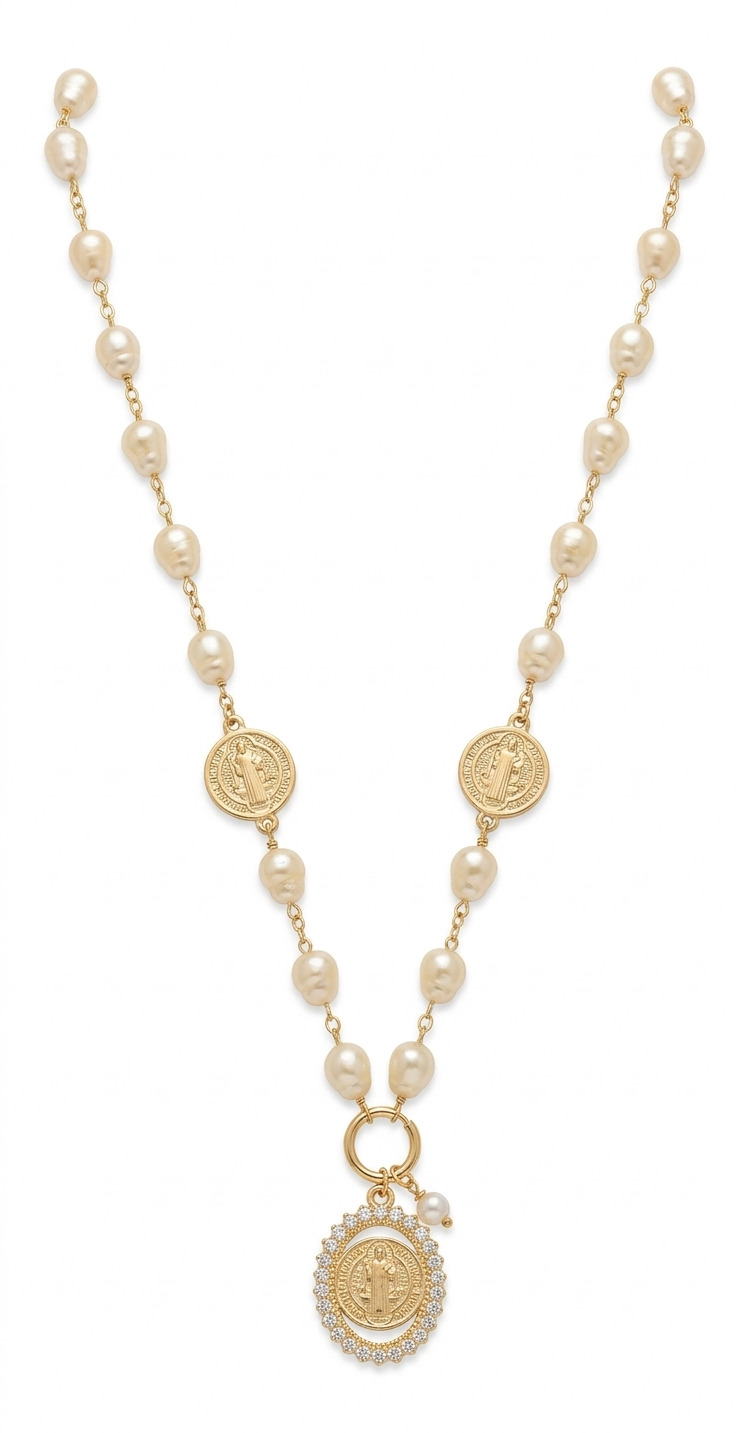Colar Pérola Barroca com Medalhas São Bento - CL00096