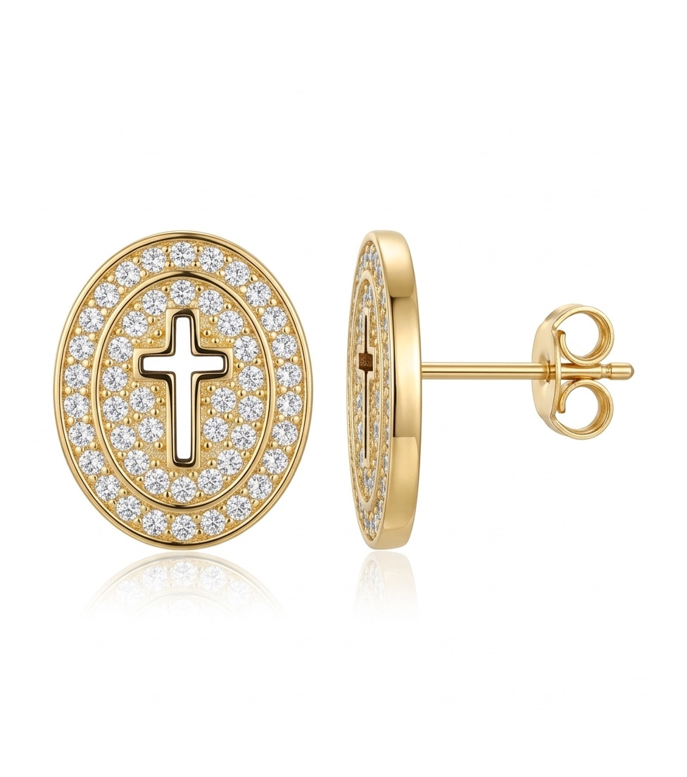 Brinco Medalha Zircônia Cruz Vazado - BR00306