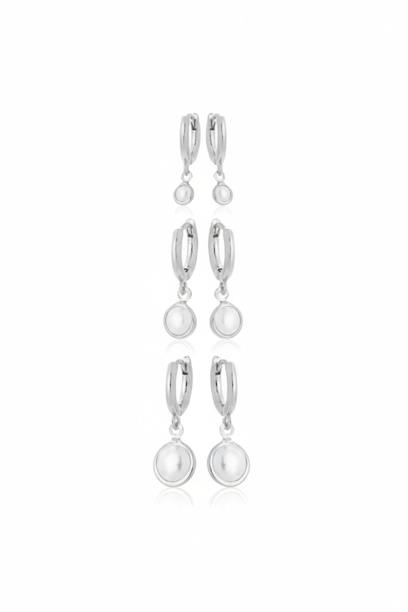 Brinco Trio Tranqueta Lisa Pingente Pérolas - BR00284